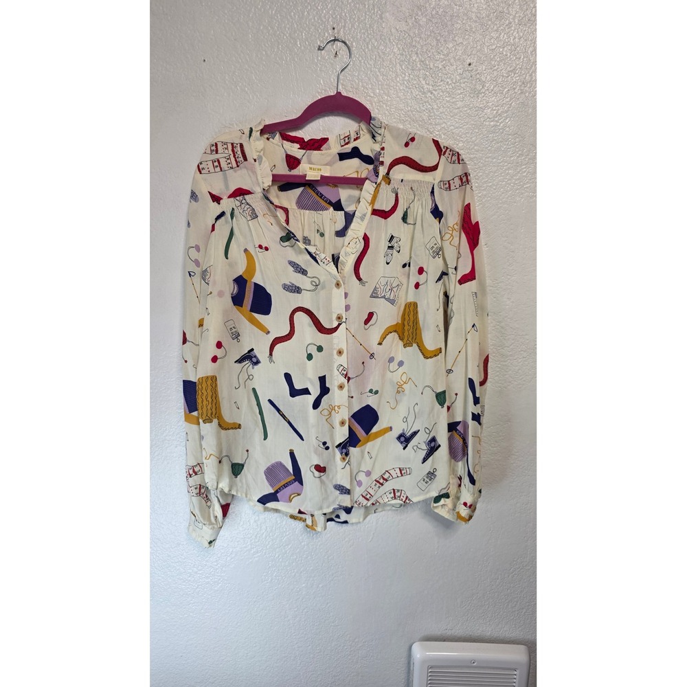 Maeve Button Down Blouse Womens 8 Cream Novelty Print Excellent